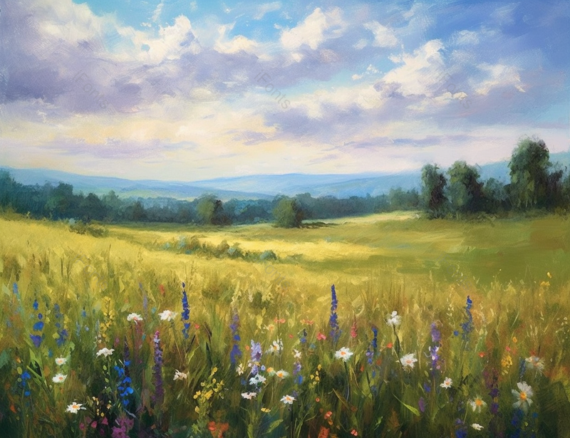 夏日傍晚夕阳日落平原草地森林黄色印象主义油画,插画/手绘图,插画/手绘图库,插画/手绘图下载,插画/手绘